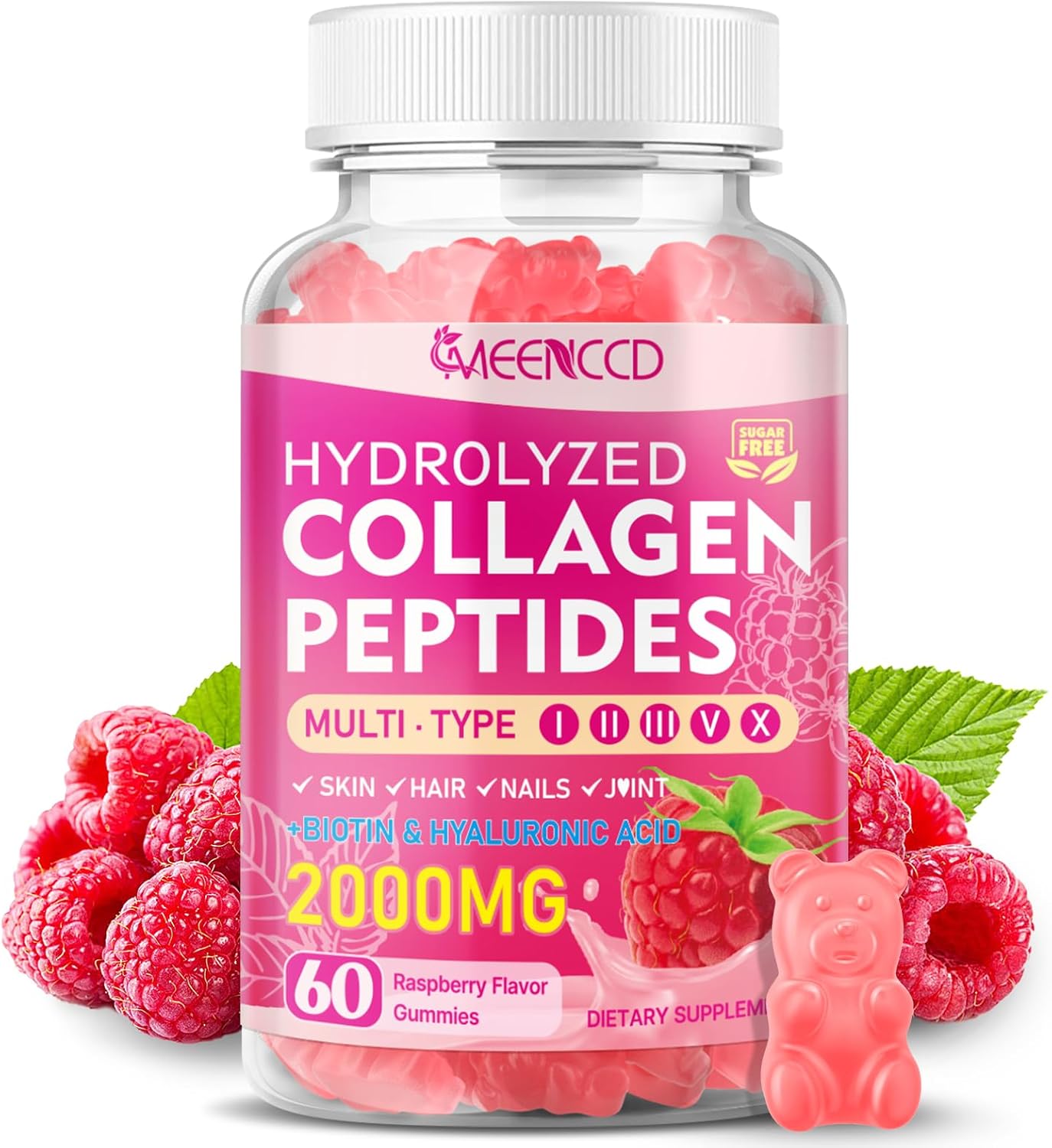 Hydrolyzed Collagen Peptides Gummies for Women & Men, Multi-Collagen Type I,II,III,V,X with Biotin, Hyaluronic Acid, Zinc, Vitamin C, E – Skin, Hair, Nails, Raspberry Flavor, 60 Count