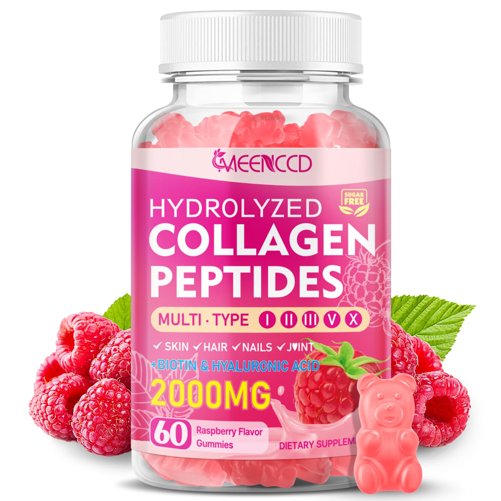 Hydrolyzed Collagen Peptides Gummies for Women Men Multi-Collagen Type I II III V X with Biotin Hyaluronic Acid