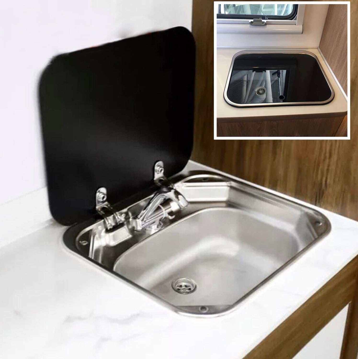 Cafe Bar Kitchen RV Sink with Folding Faucet A and Lid, Stainless Steel Single Bowl Hand Wash Basin Drop In Sink with Cover for Bar Caravan Van RV Camper Motor Home Trailer Accessories