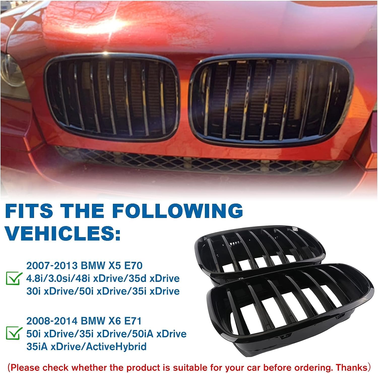 Grille Calandre Avant Gangying E70 Noir Brillant Double – Compatible BMW X5 E70 & X6 E71 2007-2013, Look Sportif & Installation Facile