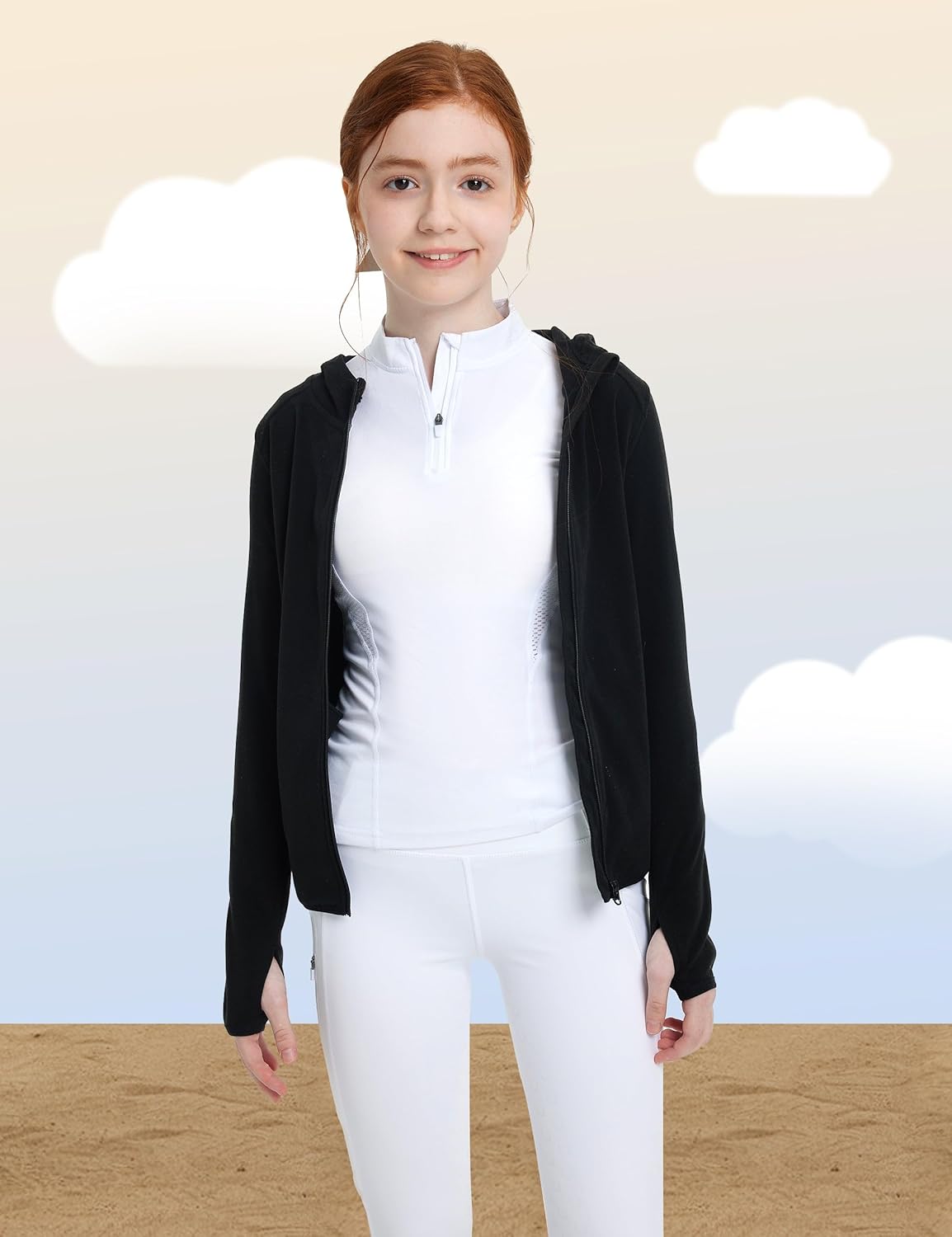 FitsT4 Sports Girls Fleece Horse Riding Jackets Hoodie Kids Equestrian Shirts Full Zip Up Long Sleeve Thumbholes for Winter - Image 7