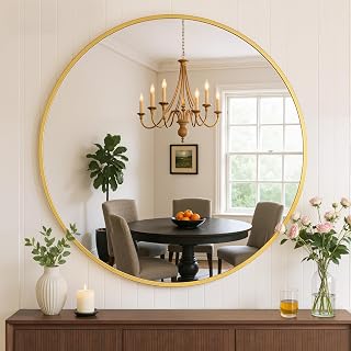 20 Inch Round Matte Gold Framed Wall Mirror - Anti-Rust Tempered Glass Circle Vanity Mirror for Bathroom Bedroom Living Room by Atilioo