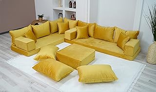 Custom Size Cushions, L Shaped Velvet Yellow Color Floor Seating, Velvet Floor Couch, Japanese Sofa, Pallet Sofa, Moroccan Decor, Loveseat (L Sofa + Ottoman)