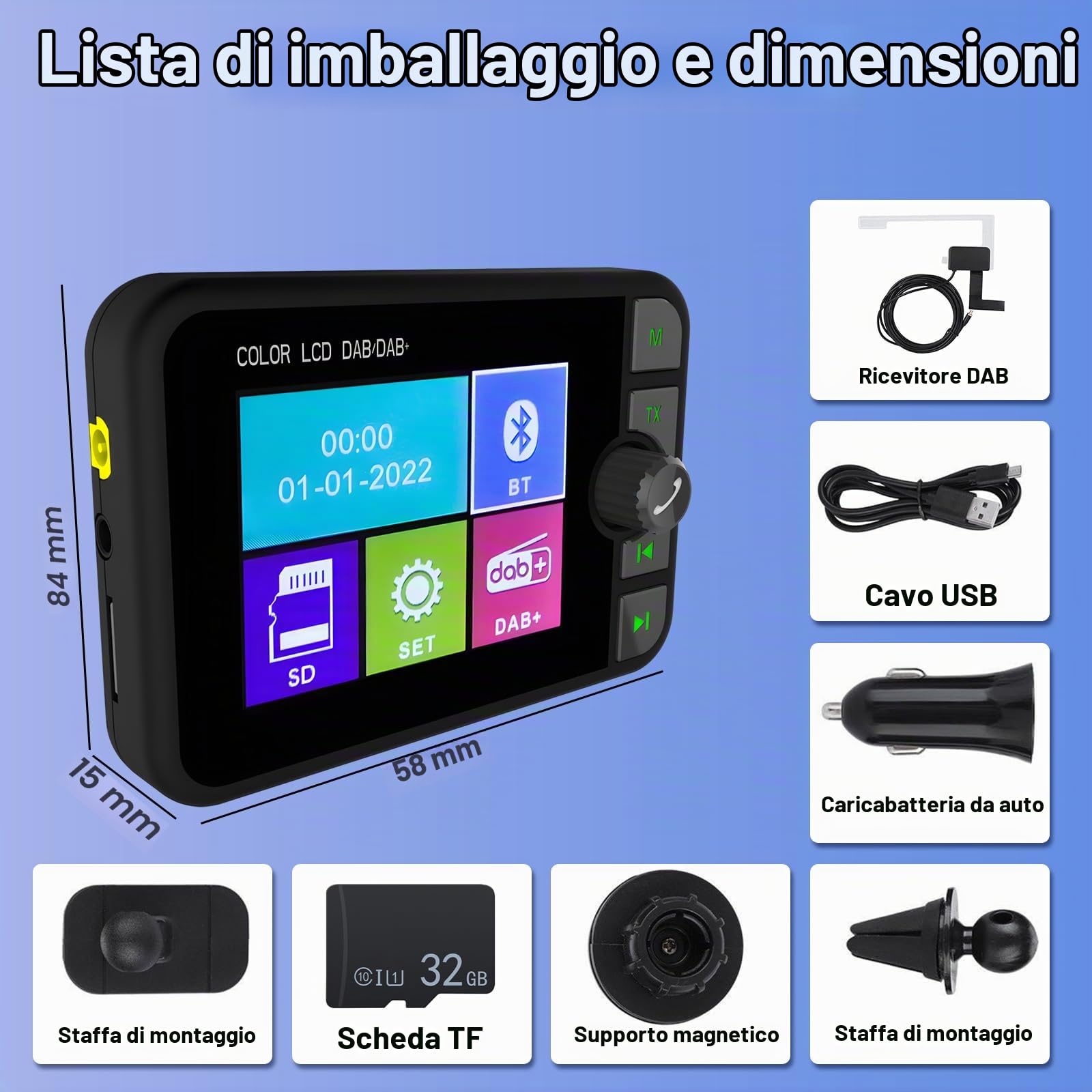 Inefala Adattatore radio digitale DAB DAB+ per autoradio, 2,4 pollic display LCD da con Music Bluetooth+Trasmettitore DAB/FM+Aux-In/Out+TF Card Music Play+Caricatore da Auto