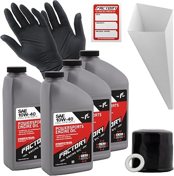 Factory Racing Parts Oil Change Kit compatible with Honda CBR600F CB900F ST1100A VTX1300 VTX1800 Includes 4 Qts of 10W-40 Full Synthetic Oil, 1 Filter, 1 Crush Washer, 1 Funnel, 1 Oil Change Sticker