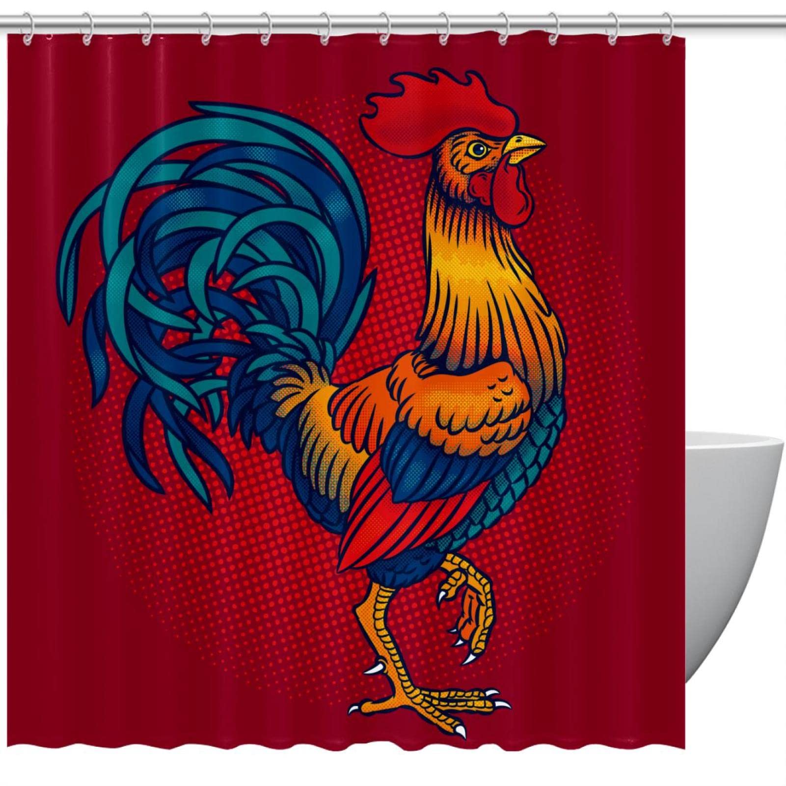 Rideau de douche coq et poule 60x72cm avec 12 crochets pour baignoire