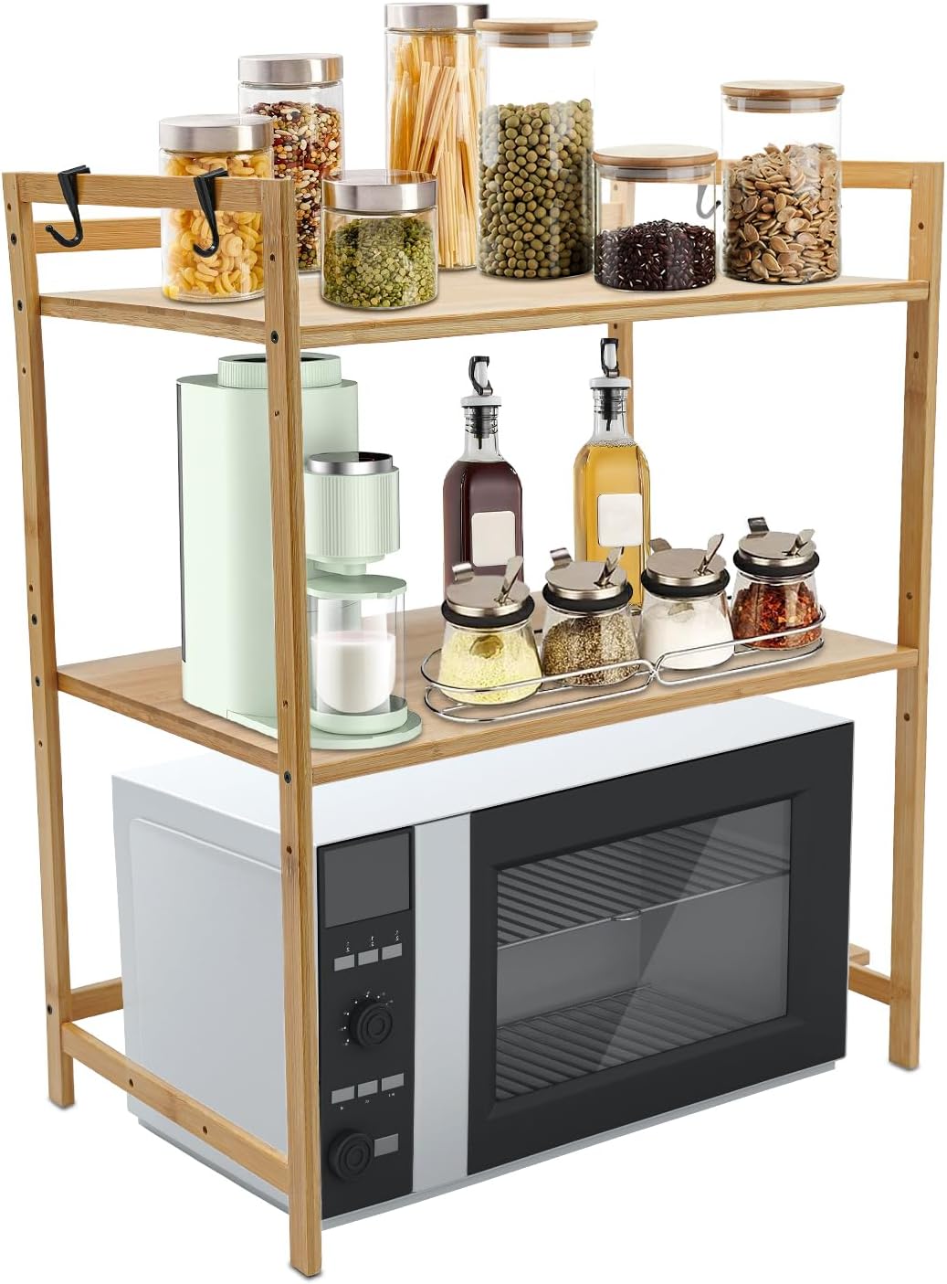 3-Tier Kitchen Shelf Above Microwave, Wooden Microwave Stand, Adjustable Microwave Oven Rack with 4 Hooks & Cutting Board Stand, Countertop Tableware Bakers Storage Shelf Over Microwave for Kitchen