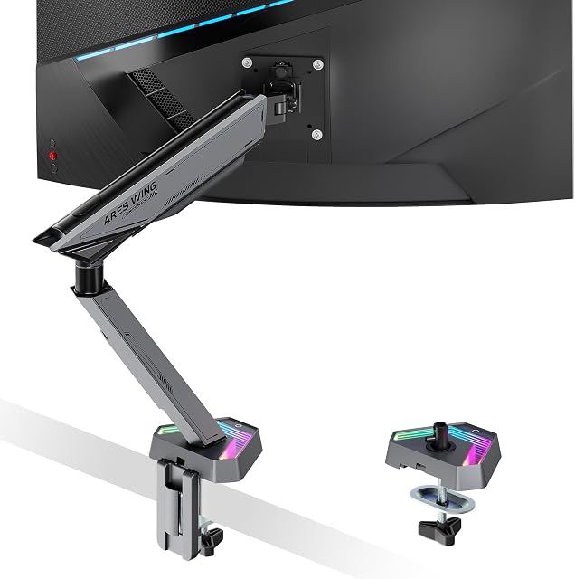 ARES WING RGB Moniteur Monitor Moniteurs Monitors Moniters, Supports de Bureau pour Moniturs plats et Courbés 17-45 pouces 35.2 lbs Bras de moniteur ultralarge et robuste réglable avec pince & Base pour les grommets, 75/100 VESA Mont, Gray