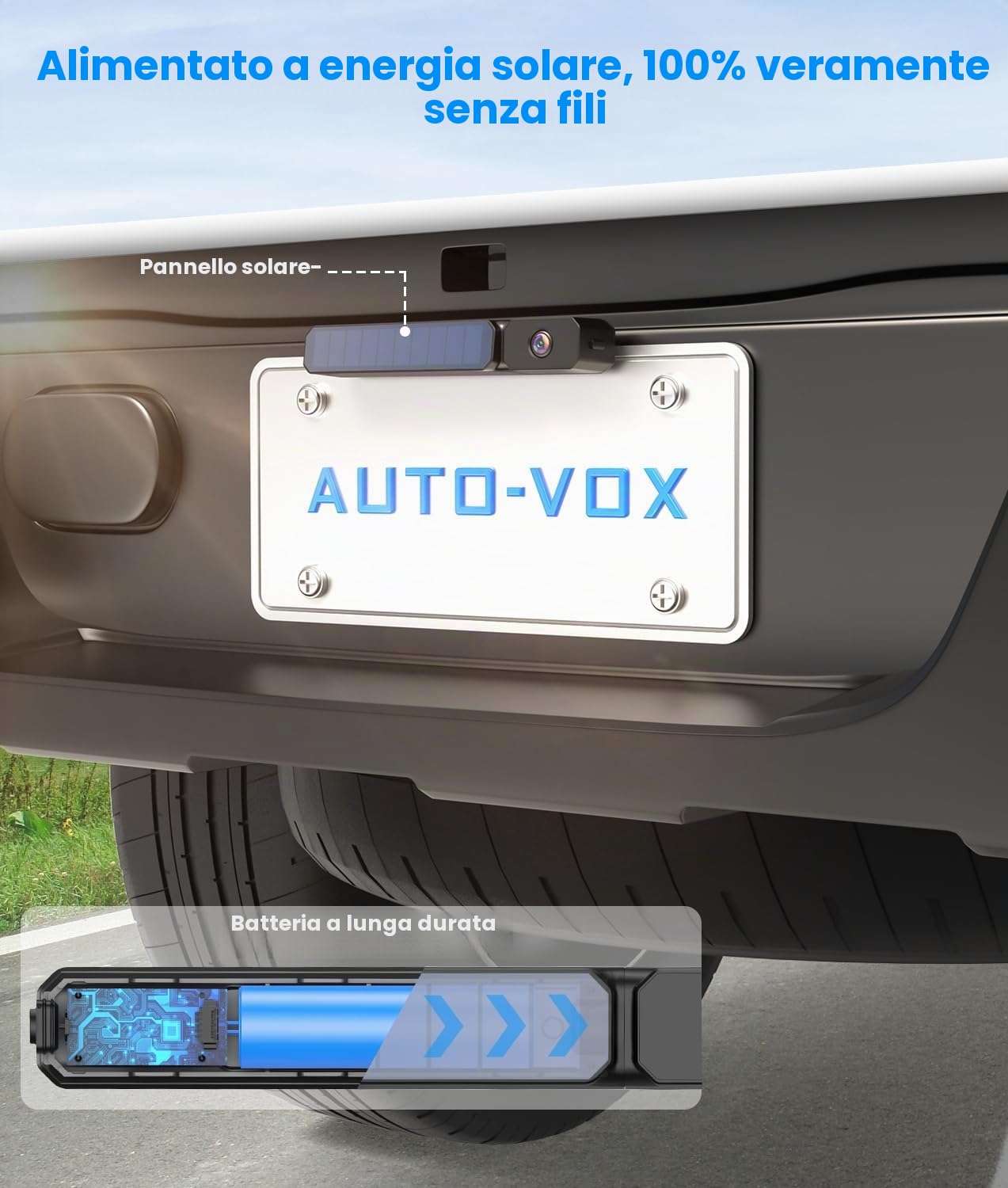 AUTO-VOX Telecamera per retromarcia solare senza fili: 3 minuti di installazione fai-da-te, telecamera HD per retromarcia senza fili con monitor da 5", segnale digitale stabile, impermeabile IP69K