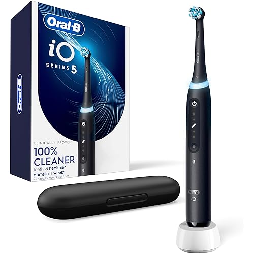 Oral-B iO Series 5 Rechargeable Electric Toothbrush with Visible Pressure Sensor to Protect Gums, 2 Minute Timer, 5 Cleaning Settings, 1 Replacement Toothbrush Heads, and Travel Case, Black