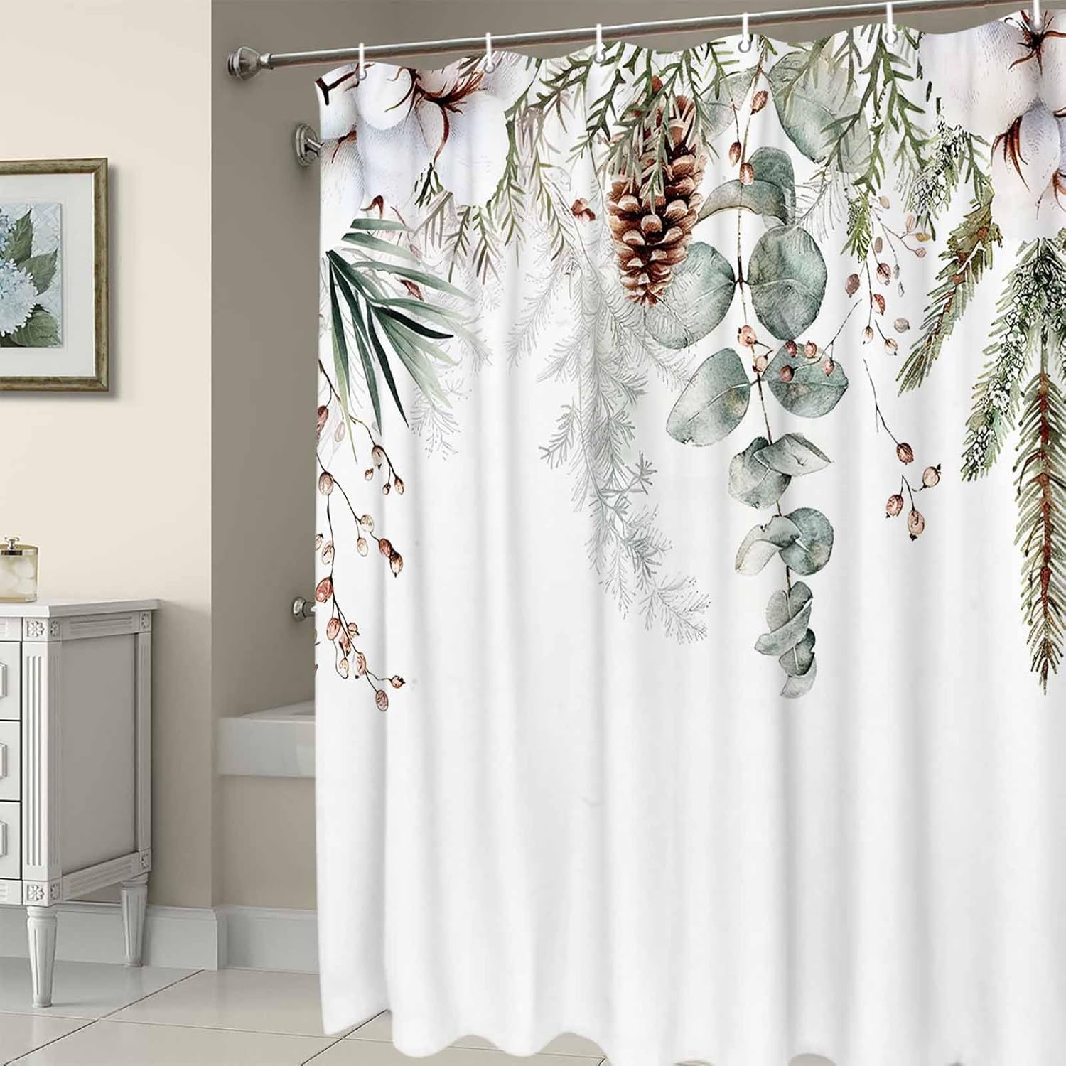 Christmas Botanical Shower Curtain, Stall Shower Curtains for Bathroom/Bathtub, Eucalyptus Leaves Xmas Pinecone Cotton Waterproof Fabric Shower Curtain Set with 12 Hooks, Standard 72" x 72"