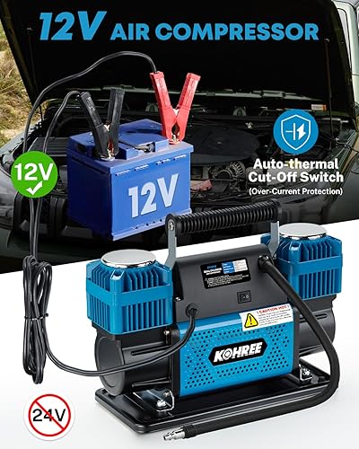Miniatura 3 de Kohree Compresor de aire de doble cilindro de 12 V, inflador rápido de neumáticos de 12.35 pies³/min, bomba de neumáticos portátil resistente con
