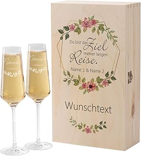 Herz & Heim® Premium Geschenkbox mit 2 Leonardo Puccini Sektgläser zur Hochzeit mit Gratis Gravur und bedruckter Holzbox