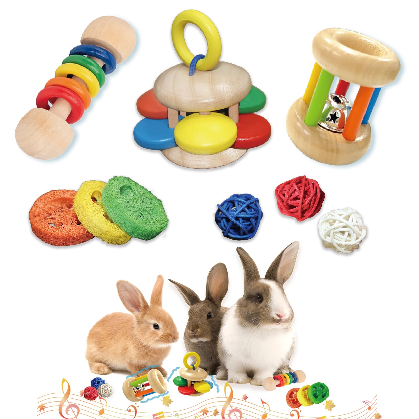 QWR 9PCS Wooden Bunny Toys,Safe Rabbit & Guinea Pigs Teeth Grinding Toy for Chinchillas, Hamsters & Small Animals - Indoor & Outdoor