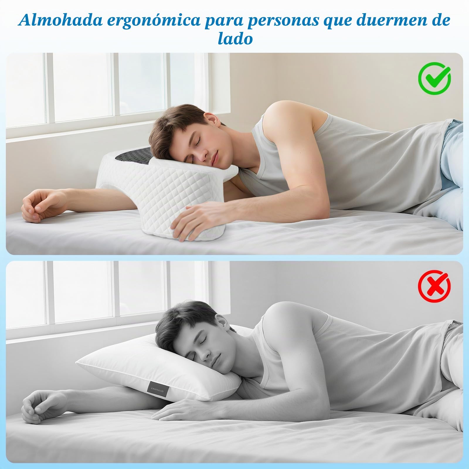 Almohada para Dormir de Iado con Hueco para el Brazo– Gris | almohada para el cuello y los hombros, almohada de espuma viscoelástica, Adecuada para dormir de lado, espalda y bocabajo