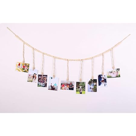 Kintyno Hanging Photo Display With 22 Clips - White Wooden Bead Garland, Boho Style, 73 Inch Length
