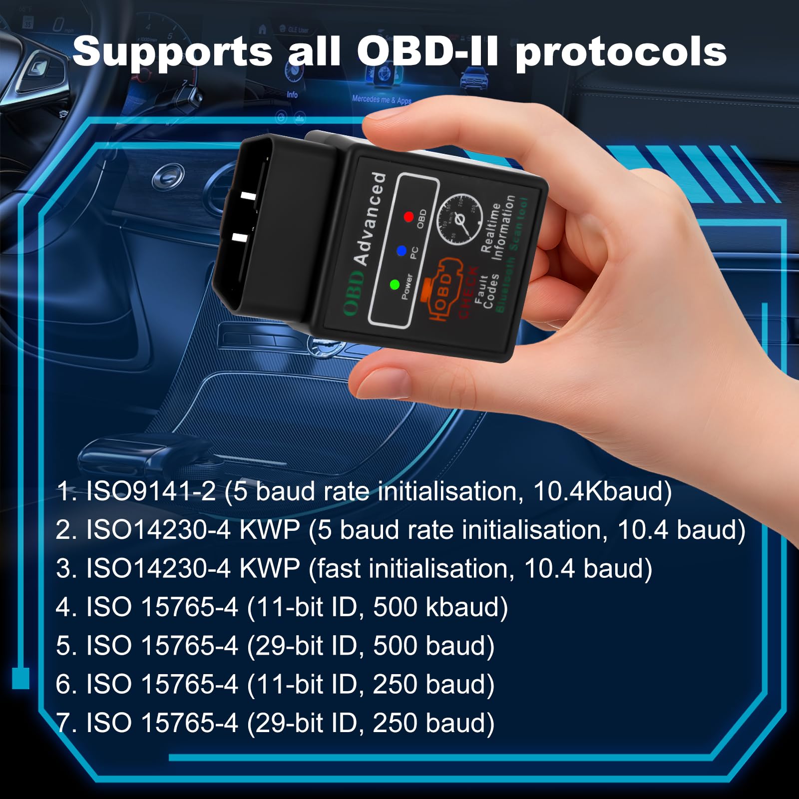 OBD2 Auto Diagnostica con 10+ Lingue, Bluetooth Diagnosi Auto Scansione dei Guasti del Veicolo, Scanner OBD2 per Auto con Protocolli Multipli per iOS, Android, Windows.