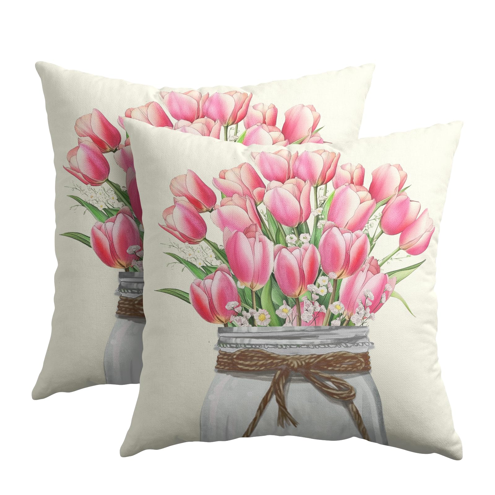 Kawani Tulip Flower Throw Pillow Covers 18x18, Set of 2 Sping Pink Floral Mason Jar Farmhouse Pillowcase Cotton Linen Square Cushion Case for Sofa Couch Living Room Bedroom Home Decor