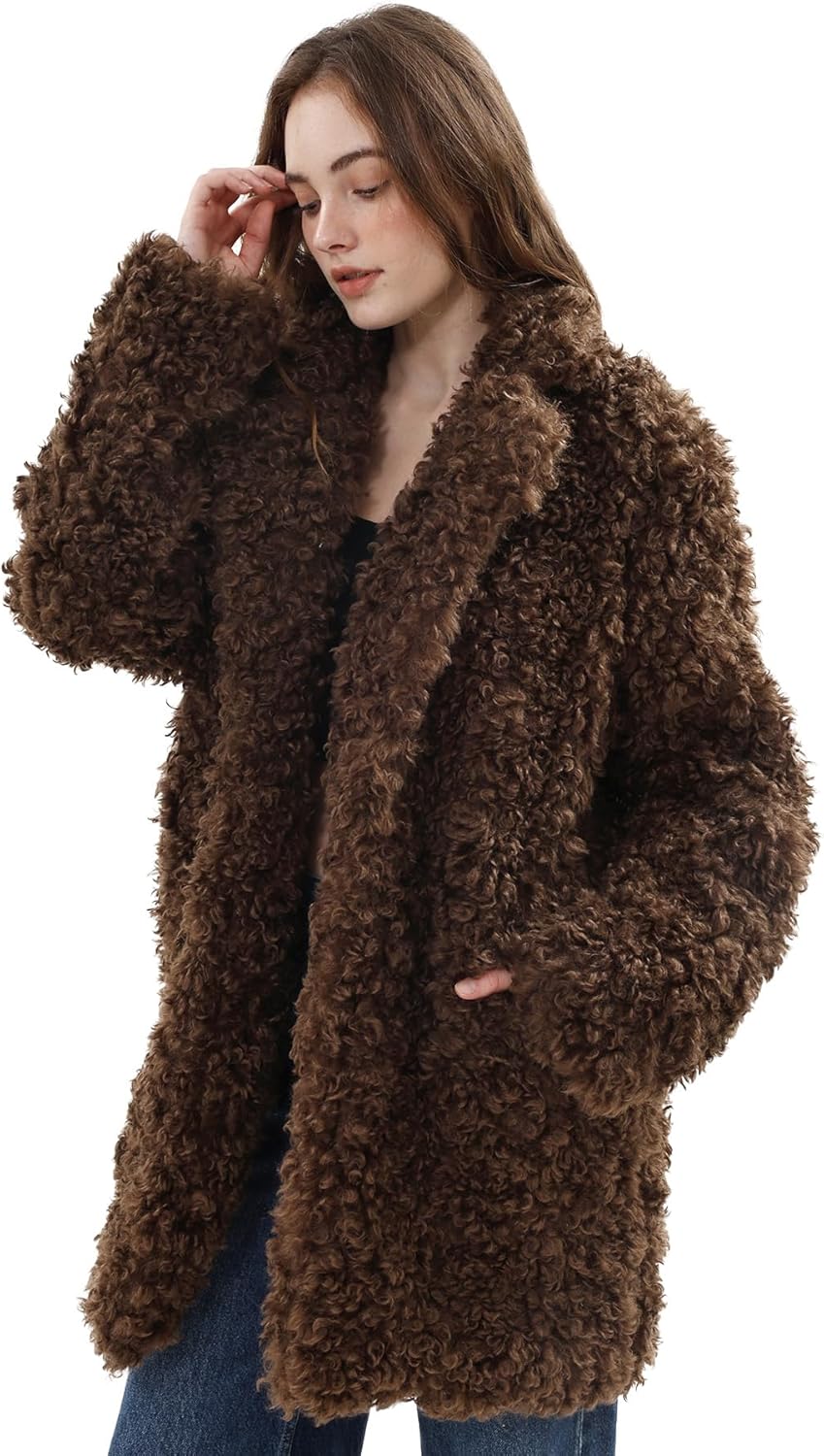 Amazhiyu Women's Faux Fur Jacket Long Winter Lapel Coat Pockets Fuzzy Outerwear - Image 3