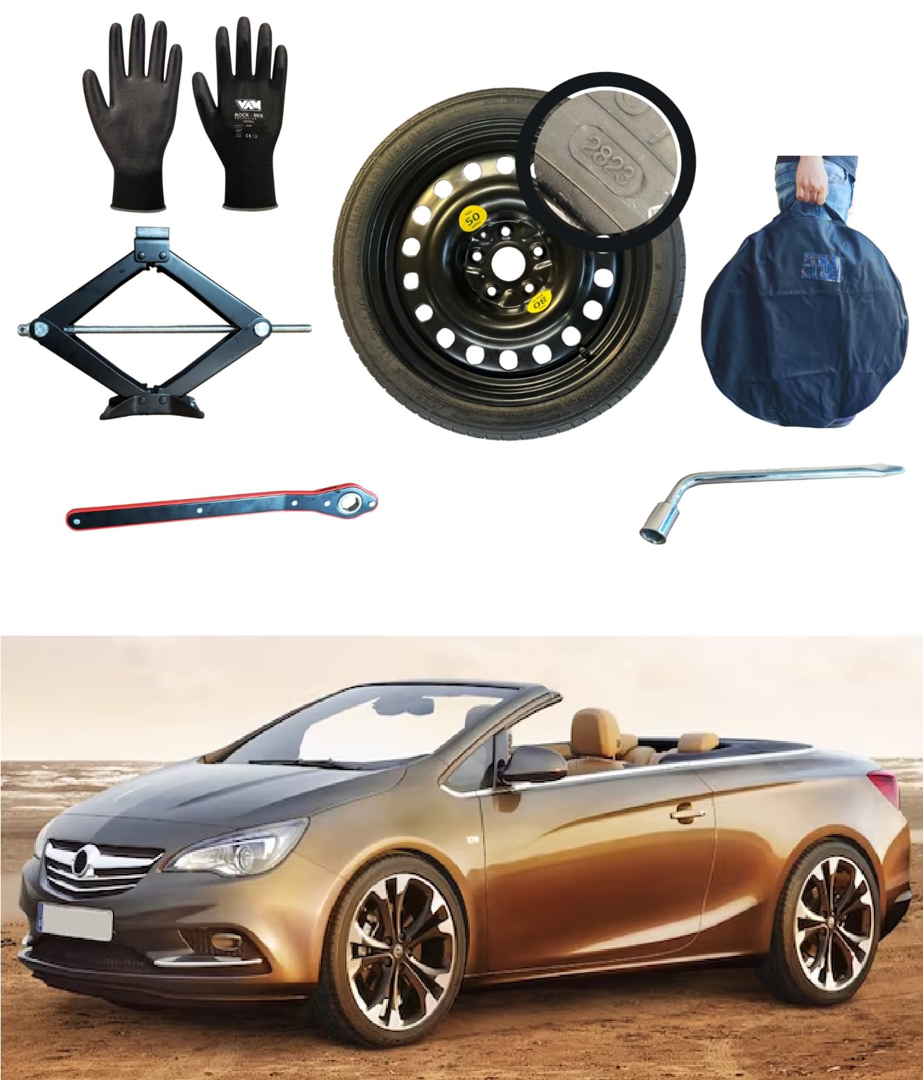 D'ANGELO 1988 Ersatzrad-Set, 43,2 cm (17 Zoll), kompatibel mit Opel Cascada mit Wagenheber, Schlüssel, Handschuhe und Tasche, R024D