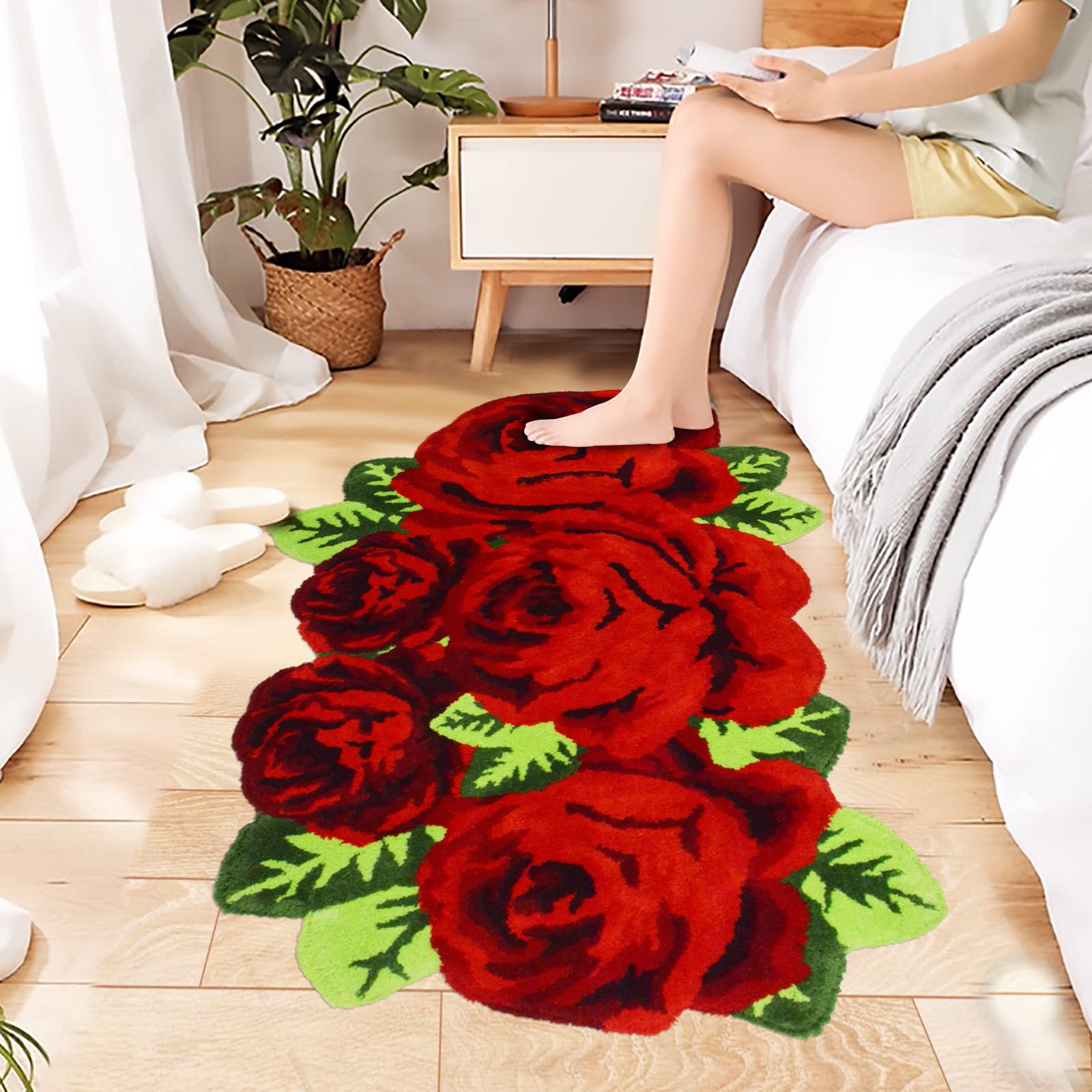 USTIDE Super Thick Flower Rug, Rustic Rose Flower Shaped Mat, Water Absorbent Non-Slip Runner Rug for Bedside Living Room Porch (2.3FTx3.8FT, Red)
