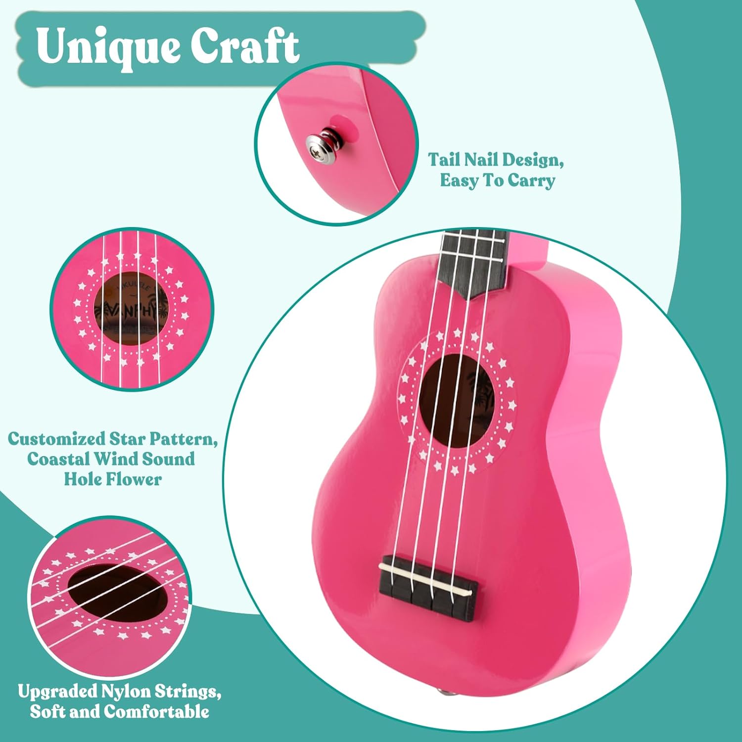 Soprano Ukulele for Kids 21 Inch Ukelele with Bag Strap Picks Songbook Cleaning Cloth Suitable for Adults and Beginners（Light Pink）
