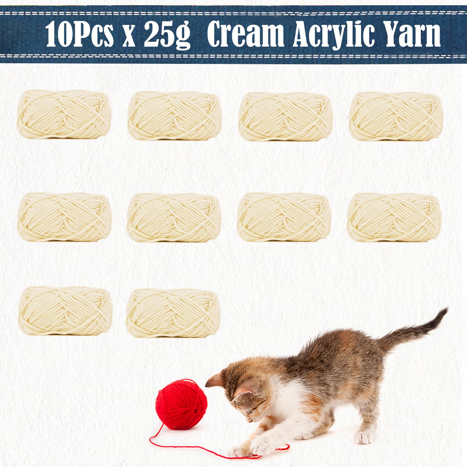 Crochet Yarn Acrylic 10Pcs x 25g Knitting Cream Wool Beige Crochet Wool Yarn for Crochet Kits for Beginners Adults Wool for Crochet Knitting and Crafts-Cream - Image 3