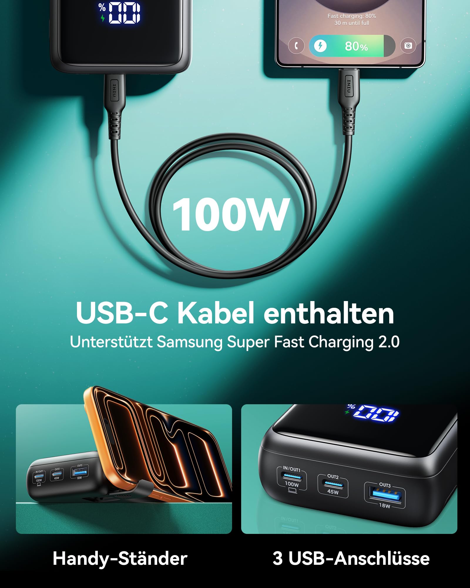 INIU Laptop Power Bank, 100W PD3.0 25000mAh Hochkapazität Powerbank, Kompakt USB-C EIN & Ausgang Externer Akku Kompatibel mit MacBook Pro, Steam Deck, iPhone 17 16 15 Pro, Samsung S22, iPad Pro usw.