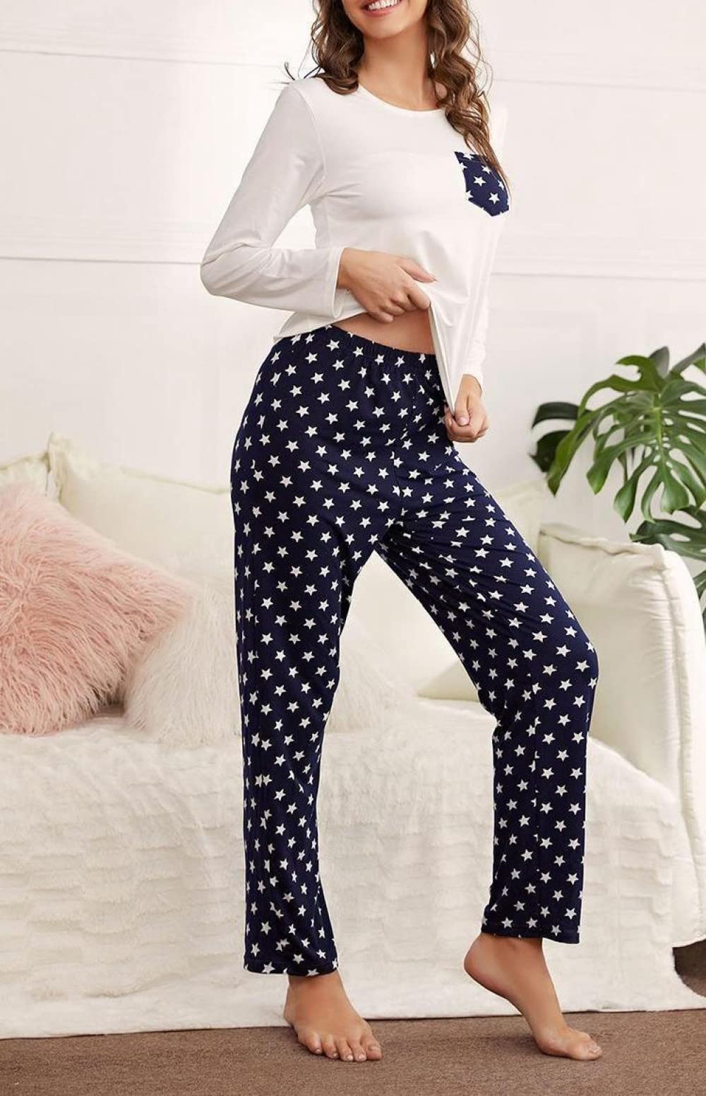 Pijamas Para Mujer Conjunto De Pijama De Poliéster Con Estampado De Estrellas Gris Oscuro Y Cuello Redondo Conjunto De Pijama De Manga Larga Cómodo Para Mujer Conjunto De Dos Piezas Regalo De Fest