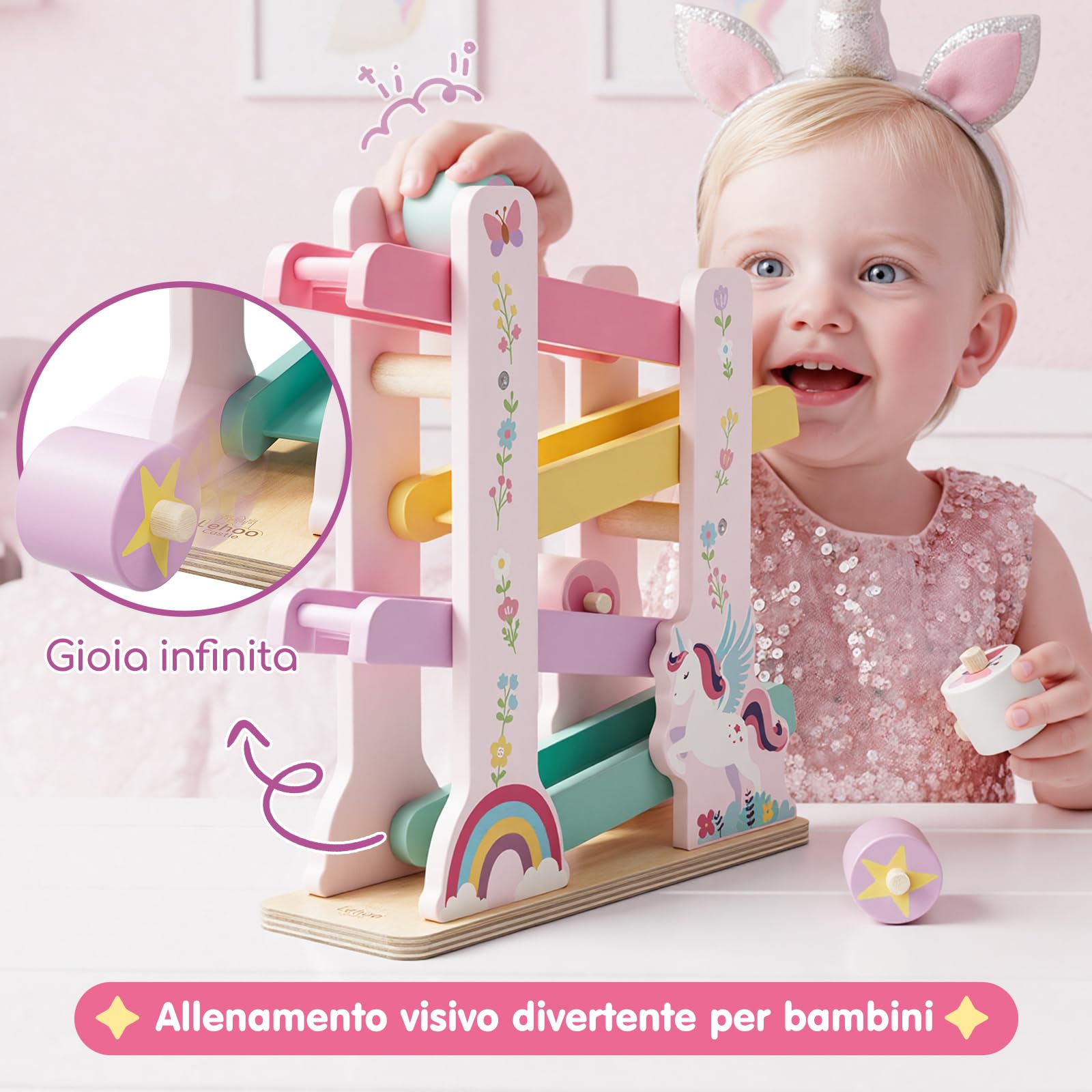 Lehoo Castle Giocattoli Montessori 1 Anno, Rampa in Legno Unicorno per Bambina, Pista con 4 Roller, Gioco Educativo in Legno, Regalo Bambina 1 2 Anni