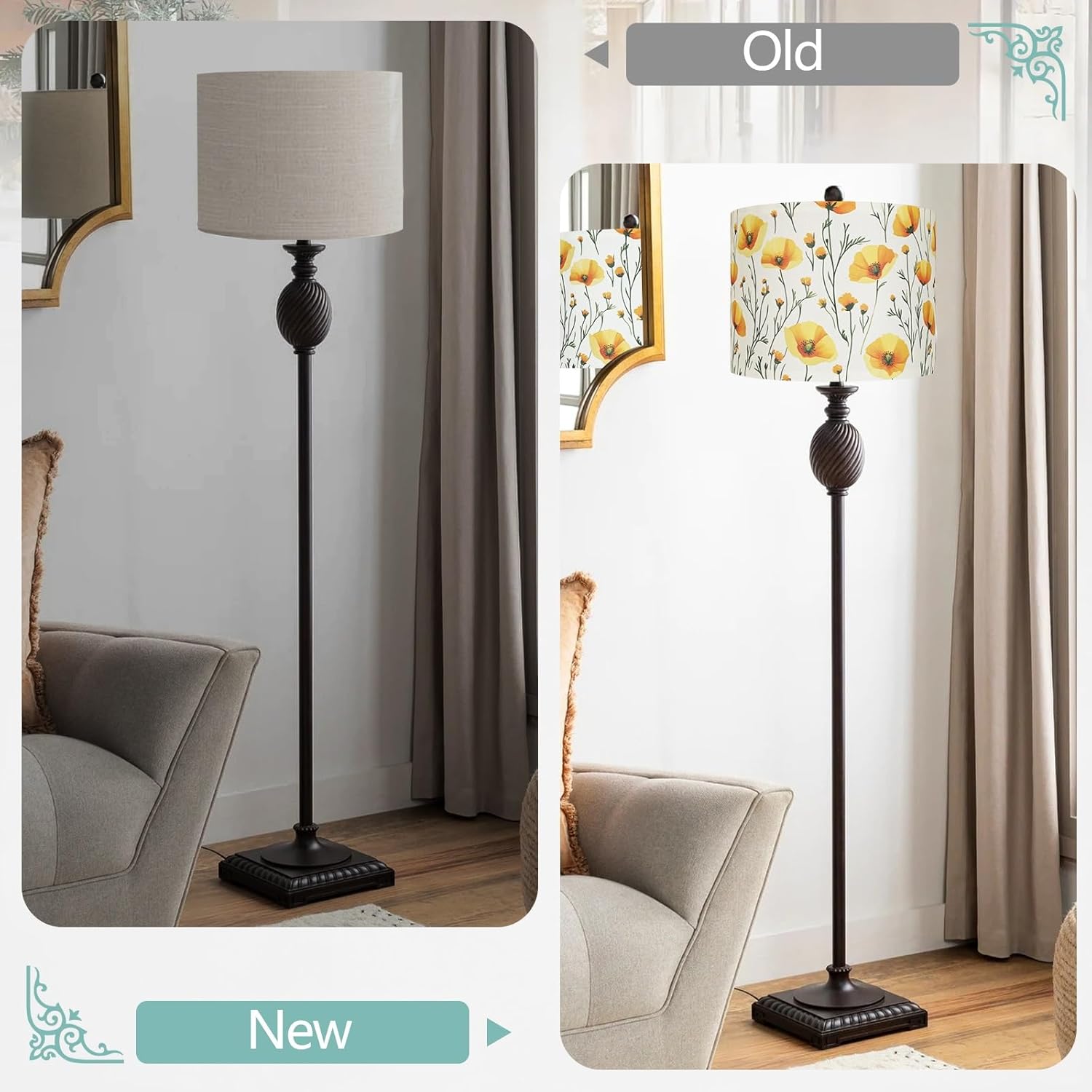 Drum Lamp Shades, Fabric lamps shades with Golden Marigold Print, 13 "Top x 13" Bottom x 10 "Heigh(Spider), Lamp Shades for Table Lamps, Support E26/E14 Base, 1 Pack