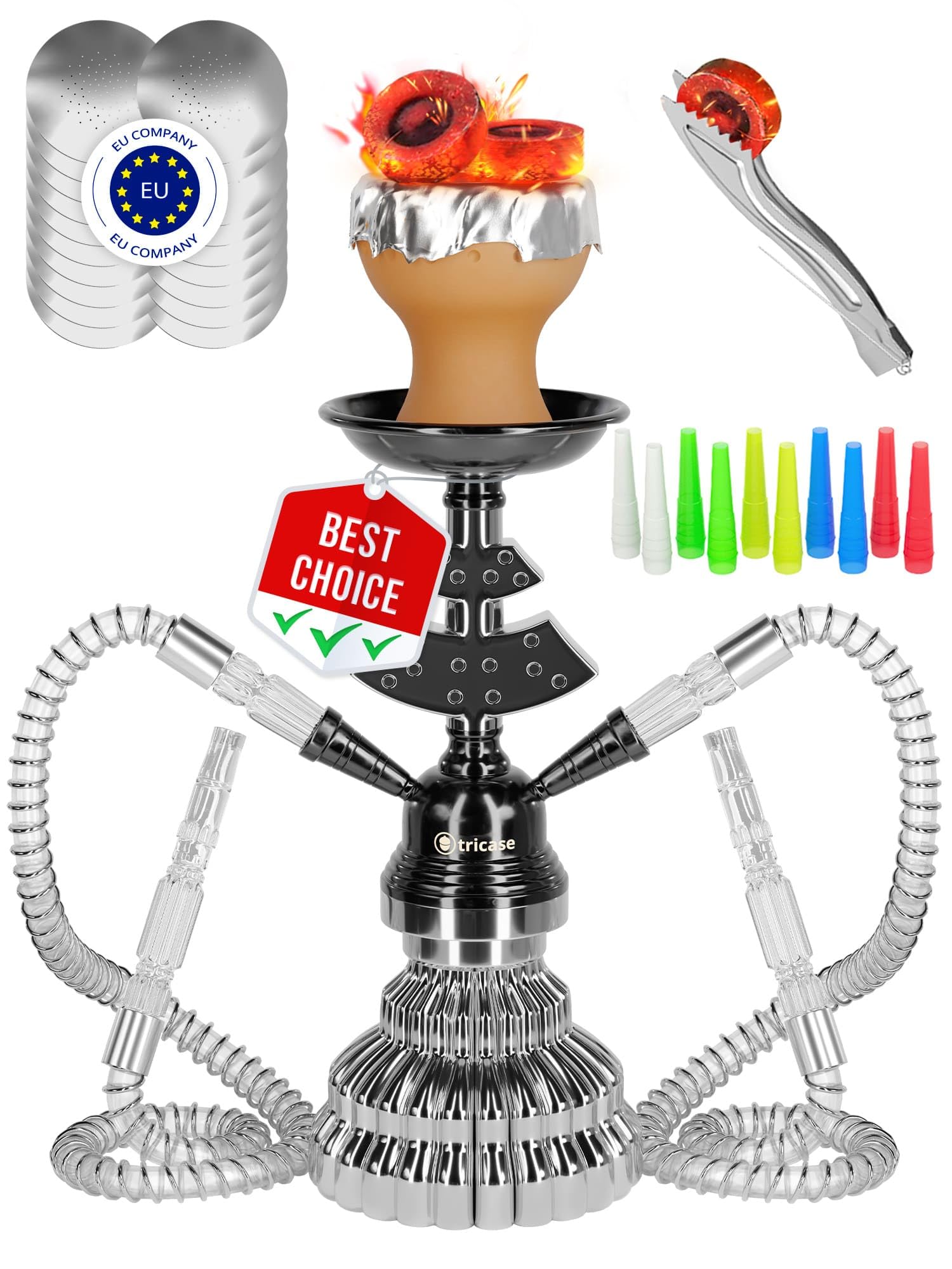 Silver Hookah Set 2 Hose Hookah – LilOne 12” Mini Hookah Combo Kit Shisha Hookah Set with Prepunched Foil Hookas Bowl Disposable Tips Mouthpiece Tongs Portable Hookah Pipe - Hookah Machines
