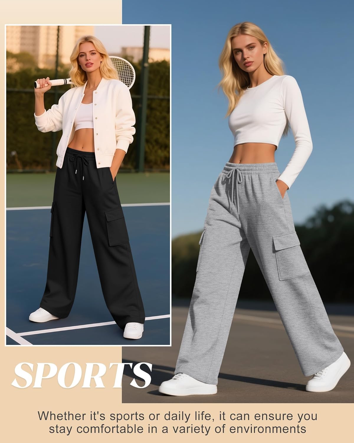 Neer 3 Pack Women's Cargo Sweatpants Wide Leg Baggy Loose Elastic Drawstring Pants Casual Athletic Joggers with 4 Pockets - Image 5