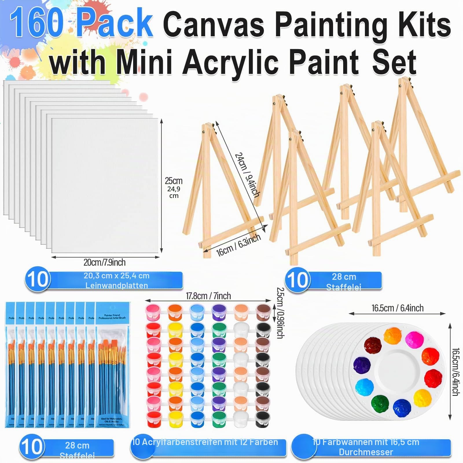 shynek 10er-Pack 20,3 * 25,4 cm Leinwandtafeln zum Malen, Kunstleinwand mit Staffelei zum Zeichnen mit 100 Stück sortierten Pinseln, Farbpaletten, 12-Farben-Acrylfarbe, Mini-Malset, für Erwachsene und