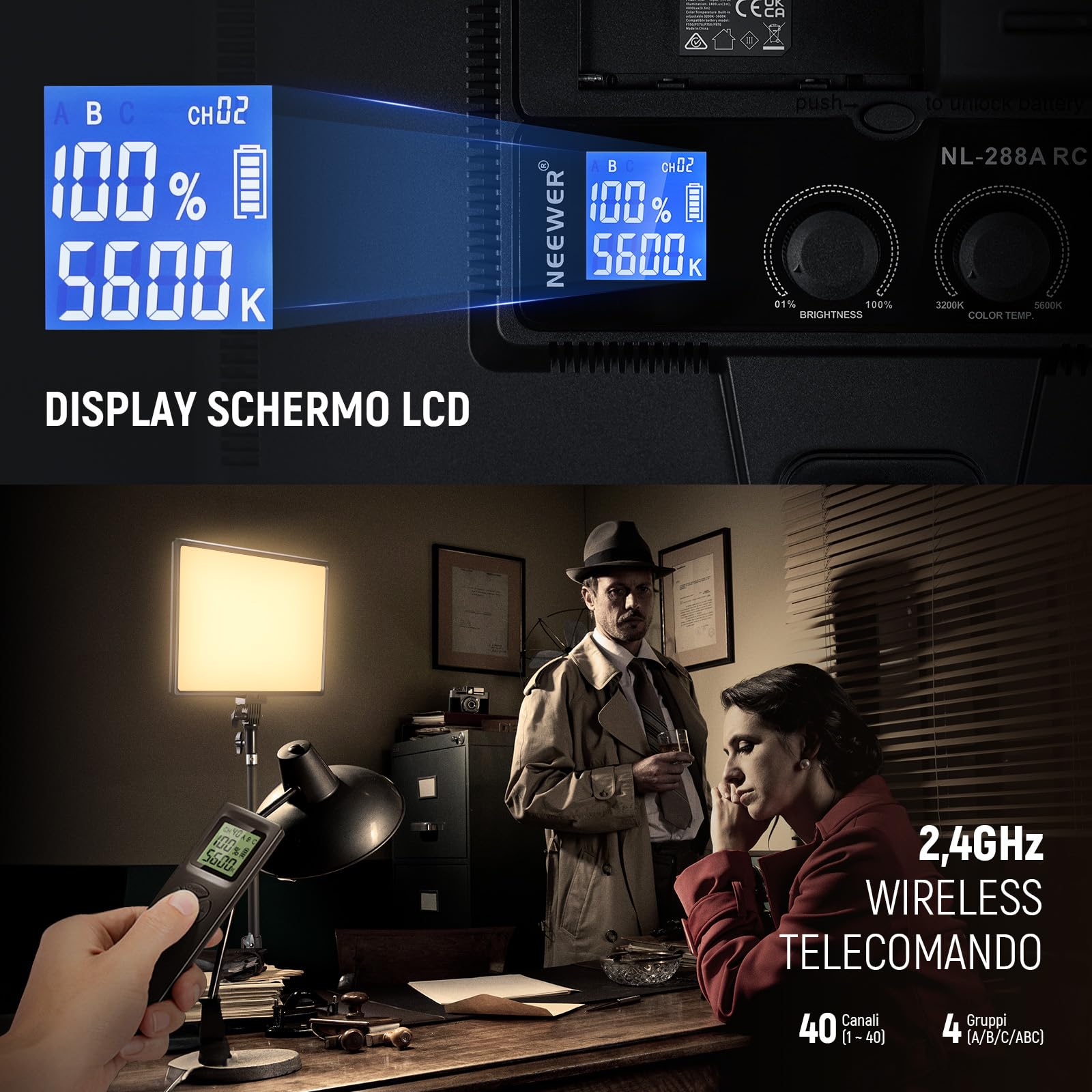 NEEWER Kit Illuminazione Fotografia di 18" Pannello Luce Video LED + Stativo Telecomando Panno Pulizia, 2pz Key Light 45W Dimmerabile Bicolore da Studio 3200K-5600K CRI97+ 4800Lx per Streaming Riprese