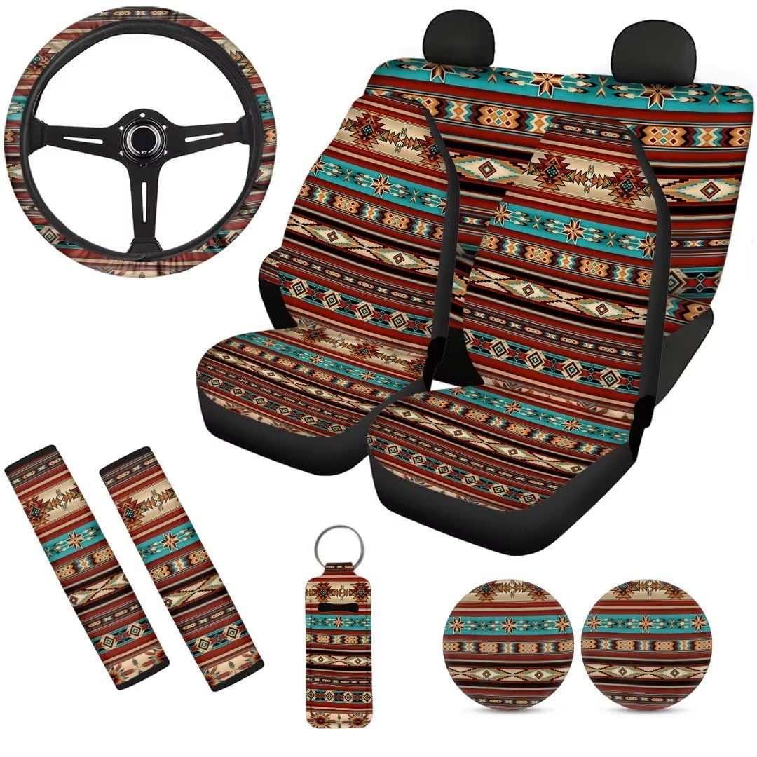 Horeset Set completo di 10 coprisedili per auto, motivo tribale azteco, sud-ovest indiano, stampa boho, coprivolante, cintura di sicurezza, portabicchieri, porta rossetto, adatti per auto