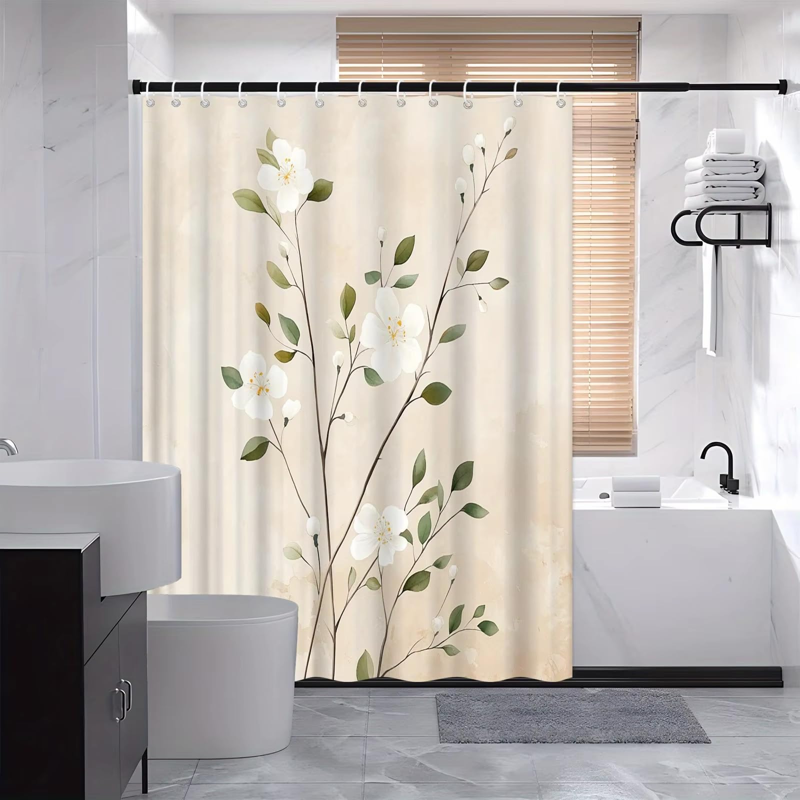 Cortina de Ducha Serene Garden, con Estampado de exuberante vegetación y nenúfares, de Tela de poliéster Impermeable (180x240cm (71x94in))