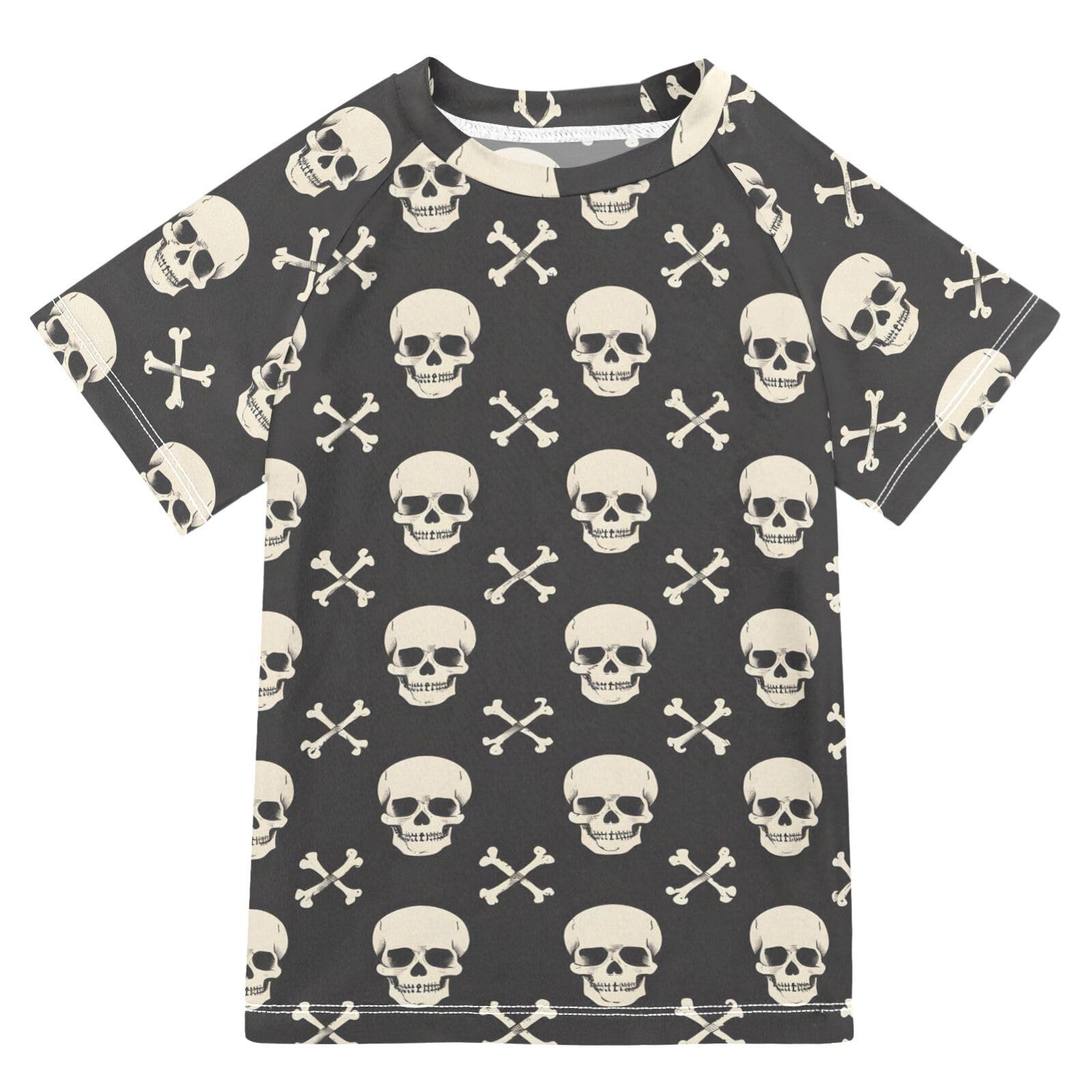Boys Rash Guard Short Sleeve Swim Shirts for Boys Skull Crossbones Sun Protection 7-8T