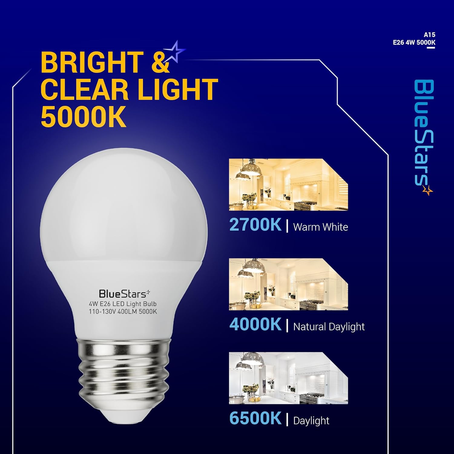 BlueStars A15 E26 LED Refrigerator Light Bulb 4W (40 Watt Equivalent) Medium Base Non-Dimmable 400lm 120V Appliance Bulb, 5000K Daylight, Waterproof for Fridge Freezer Kitchen Bathroom - Pack of 2