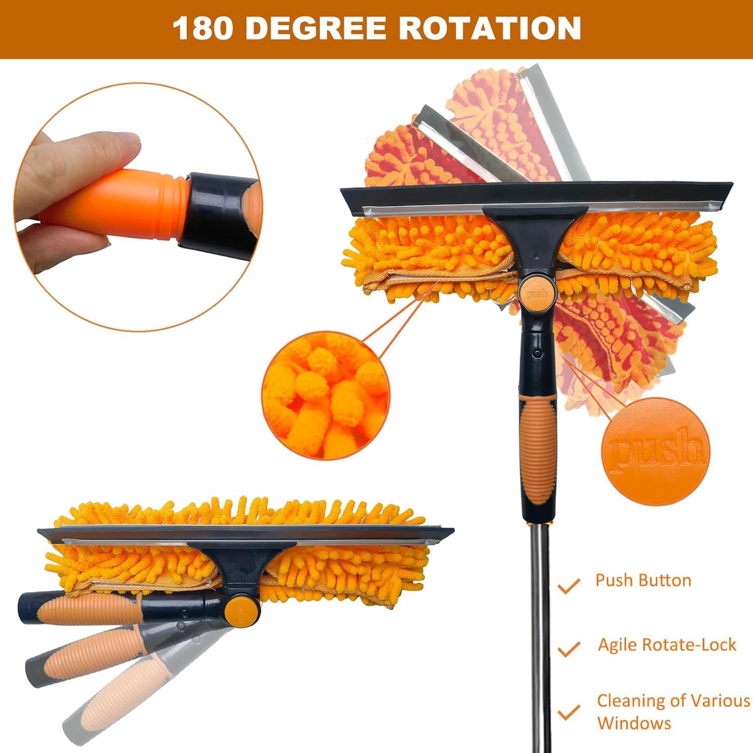 2 en 1Professionnel Raclette Vitre Kit Nettoyage Vitre avec Chiffons Microfibres et Manche Telescopique Lave-vitres Télescopique avec Tête Flexible pour Panneaux Solaires Toits et Vérandas
