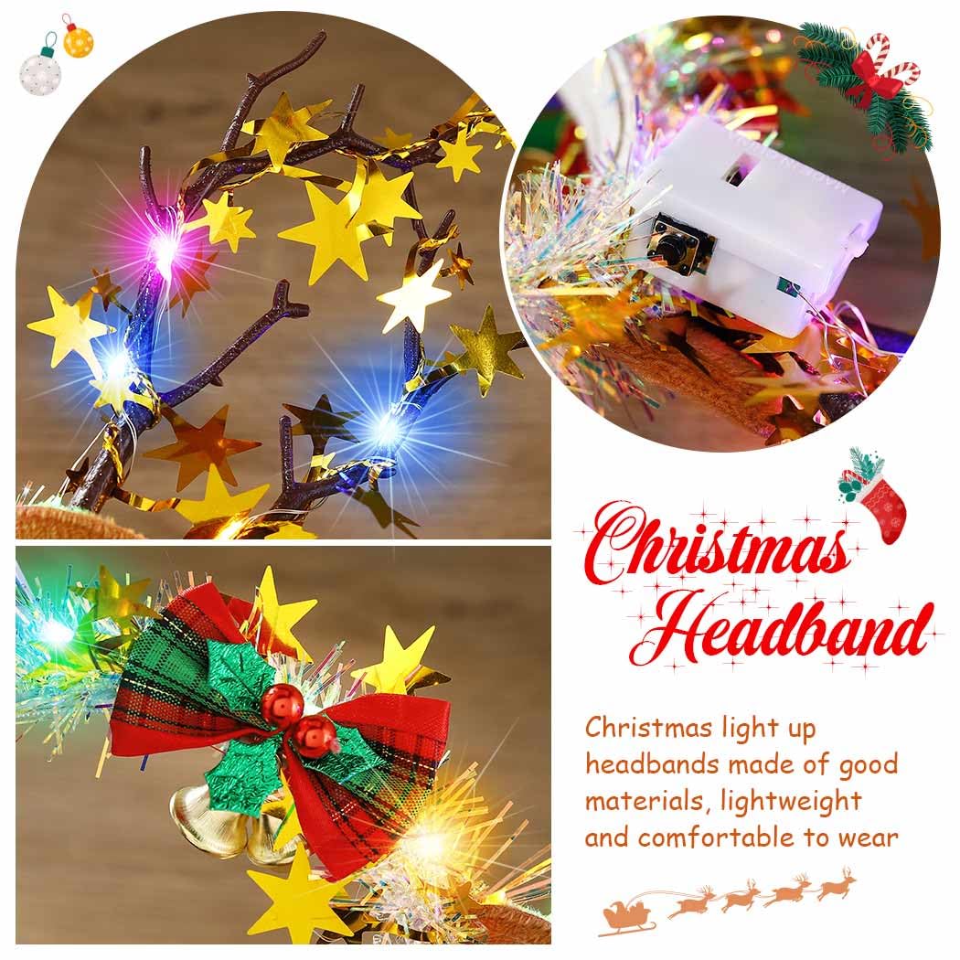 Zoestar Christmas Light Up Headband Gold LED Reindeer Antlers Headbands Stars Xmas Hair Accessories for Women - Image 4