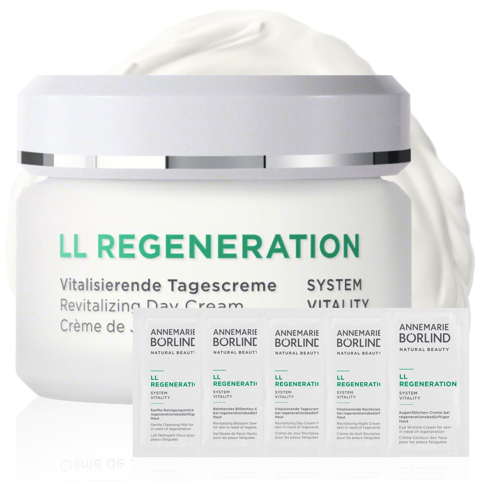 ANNEMARIE BÖRLIND LL REGENERATION Vitalisierende Tagescreme (50ml) + Gratis Probe Sachets (die gesamte Pflegeroutine) - Sheabutter & LL-Biokomplex für Zellerneuerung, Gesichtscreme Damen