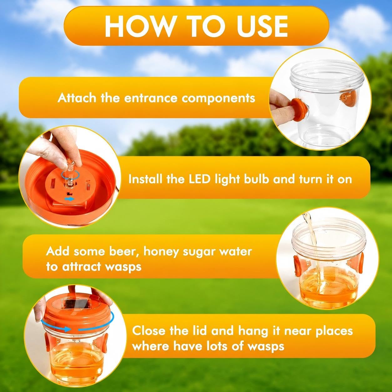 Lot de 4 pièges à guêpes d'extérieur à suspendre, à énergie solaire, pièges à frelons jaunes, réutilisables, attrape-guêpes d'abeilles pour jardin, terrasse, cour, verger
