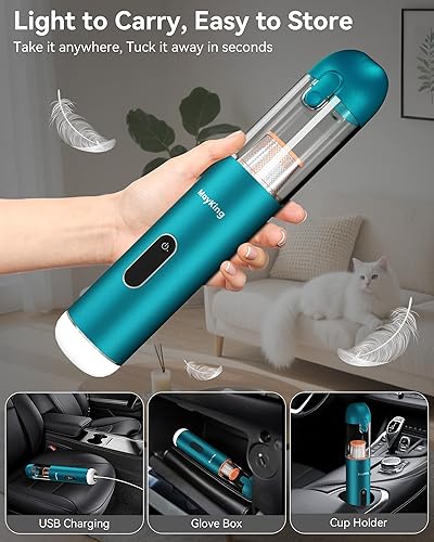 Miniatura 8 de Mayking Aspiradora portátil 5 en 1 inalámbrica para automóvil, aspiradora de mano con LED blanco y flash LED rojo, 115 W 18000 Pa de alta potencia,