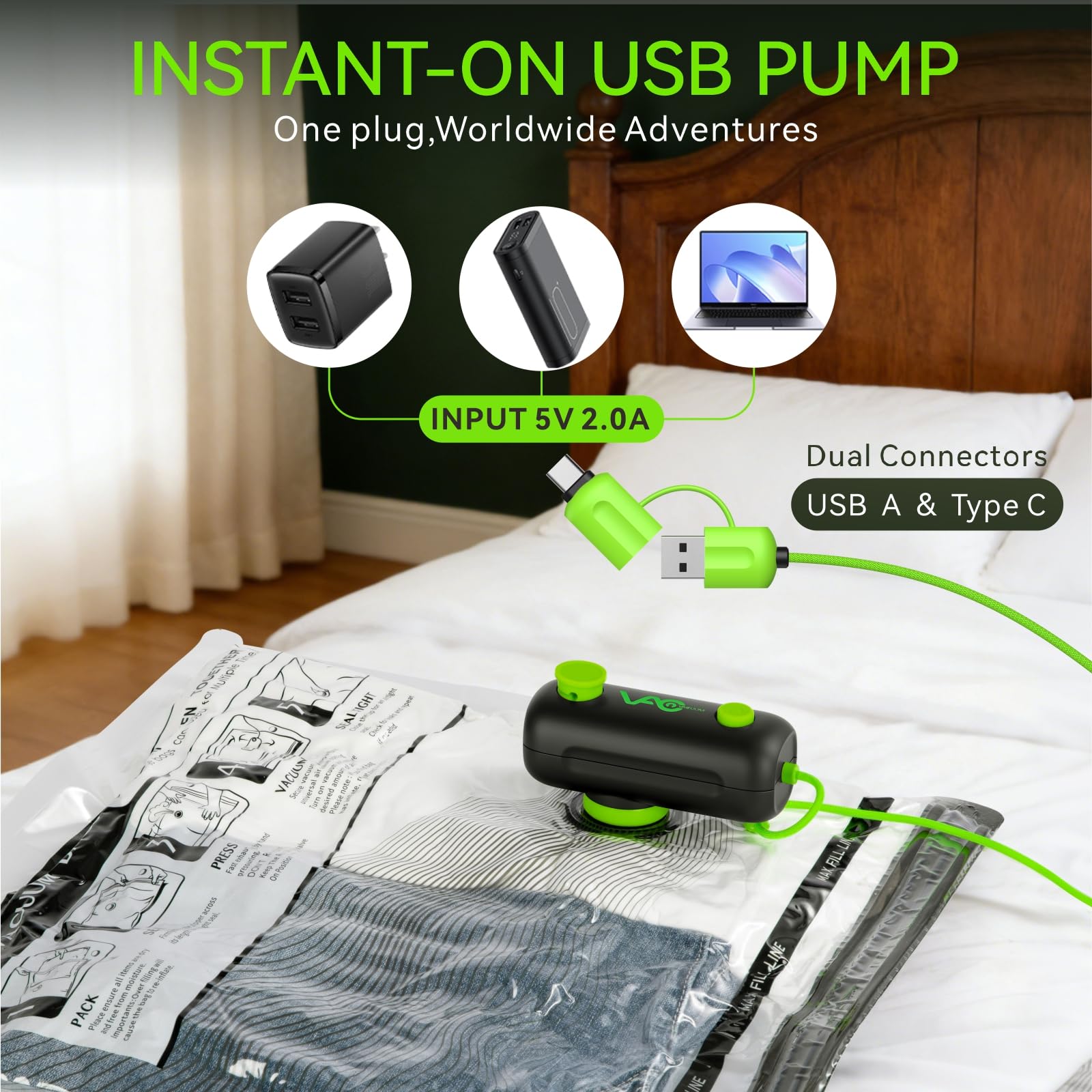 Bolsas de vacío para viajes, bomba eléctrica USB, paquete de 15 bolsas de sellado al vacío de tamaño de mano para ropa, bolsas de almacenamiento al vacío que ahorran espacio para equipaje