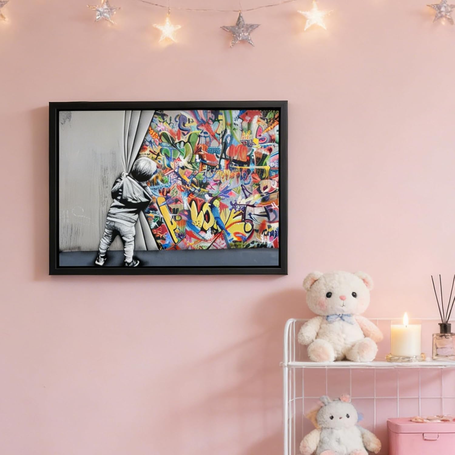 Black Framed Street Graffiti Canvas Wall Art Behind The Curtain Colorful Painting Picture Wall Decor Little boy Opens the Curtains Poster Print Artwork for Boy Bedroom Living Home Decoration16inx24in