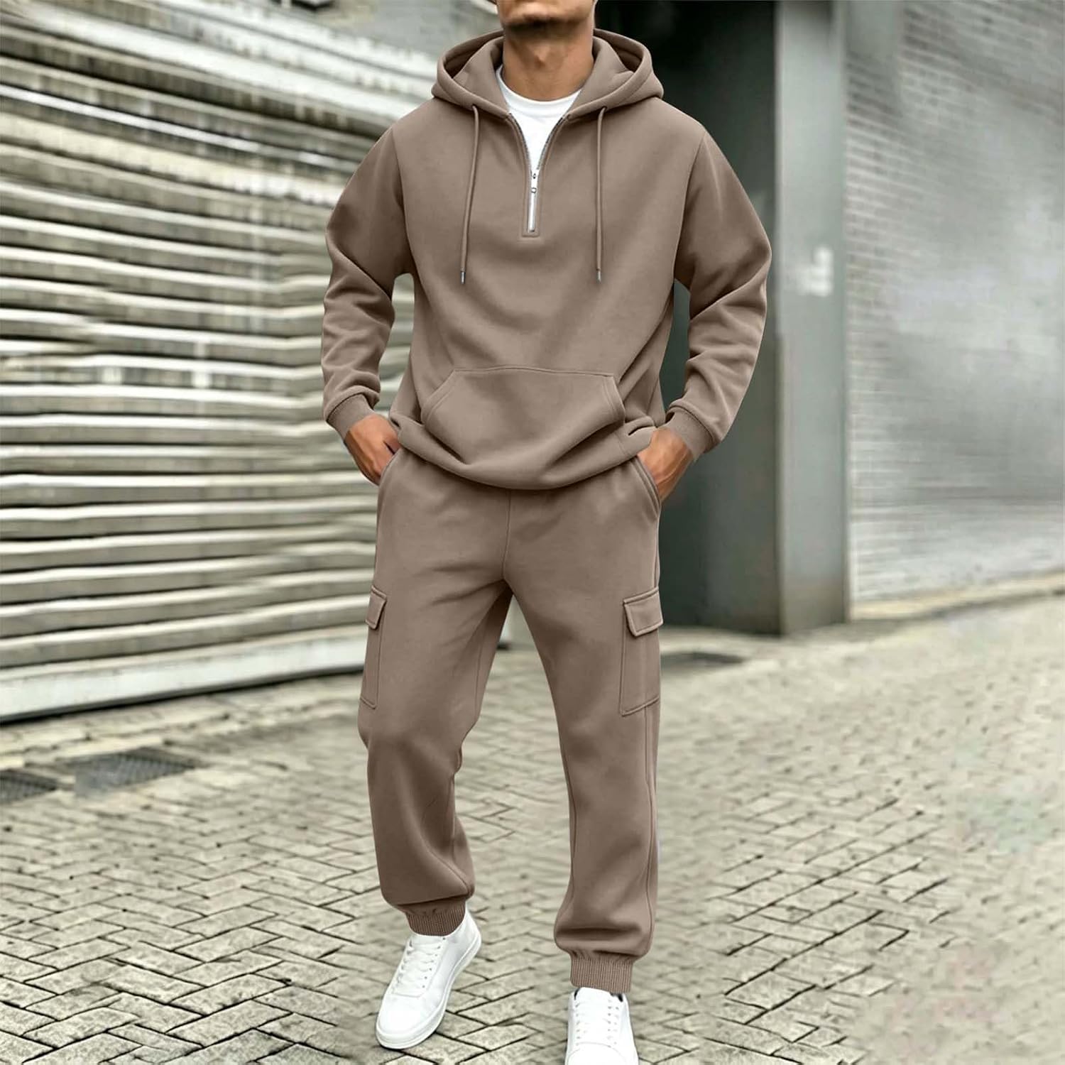 Men's Half Zip Fleece Cargo Hoodie Set Brown Warm Sweatsuit