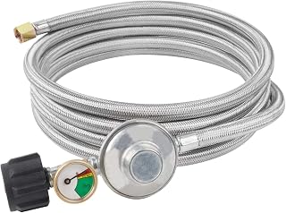 SHINESTAR 12ft Propane Regulator Hose with Gauge, Fit for Propane Fire Pit, Patio Heater, Gas Grill and More, Stainless Steel Braided Hose