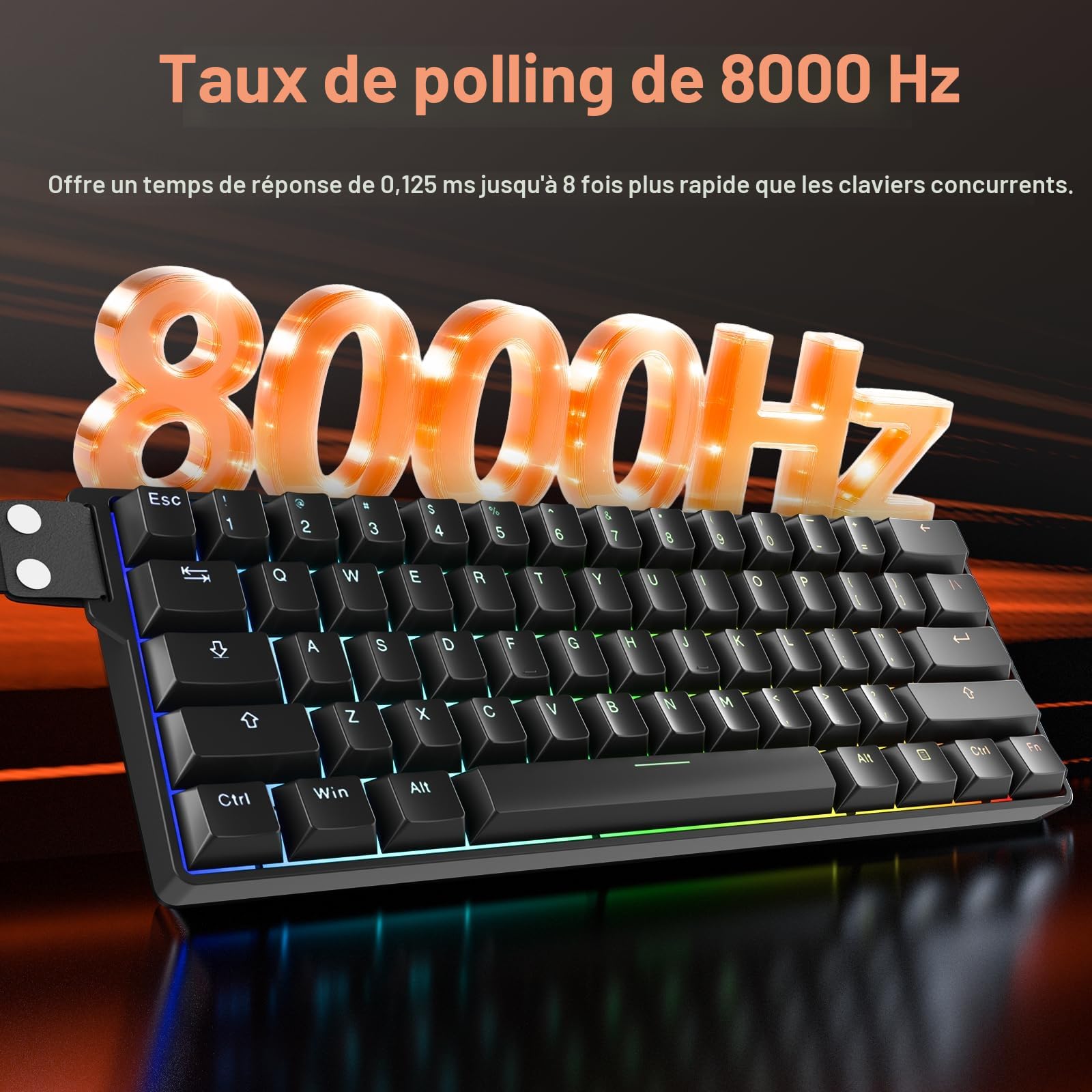 DAREU EK60 HE Clavier Magnétiques Gaming, Précision RT de 0,01 mm Rapid Trigger, 60% QWERTY Clavier Gamer Filaire 8000Hz Polling Rate, RGB, avec Strap Décoratif Amovible, pour PC/Mac(Noir)