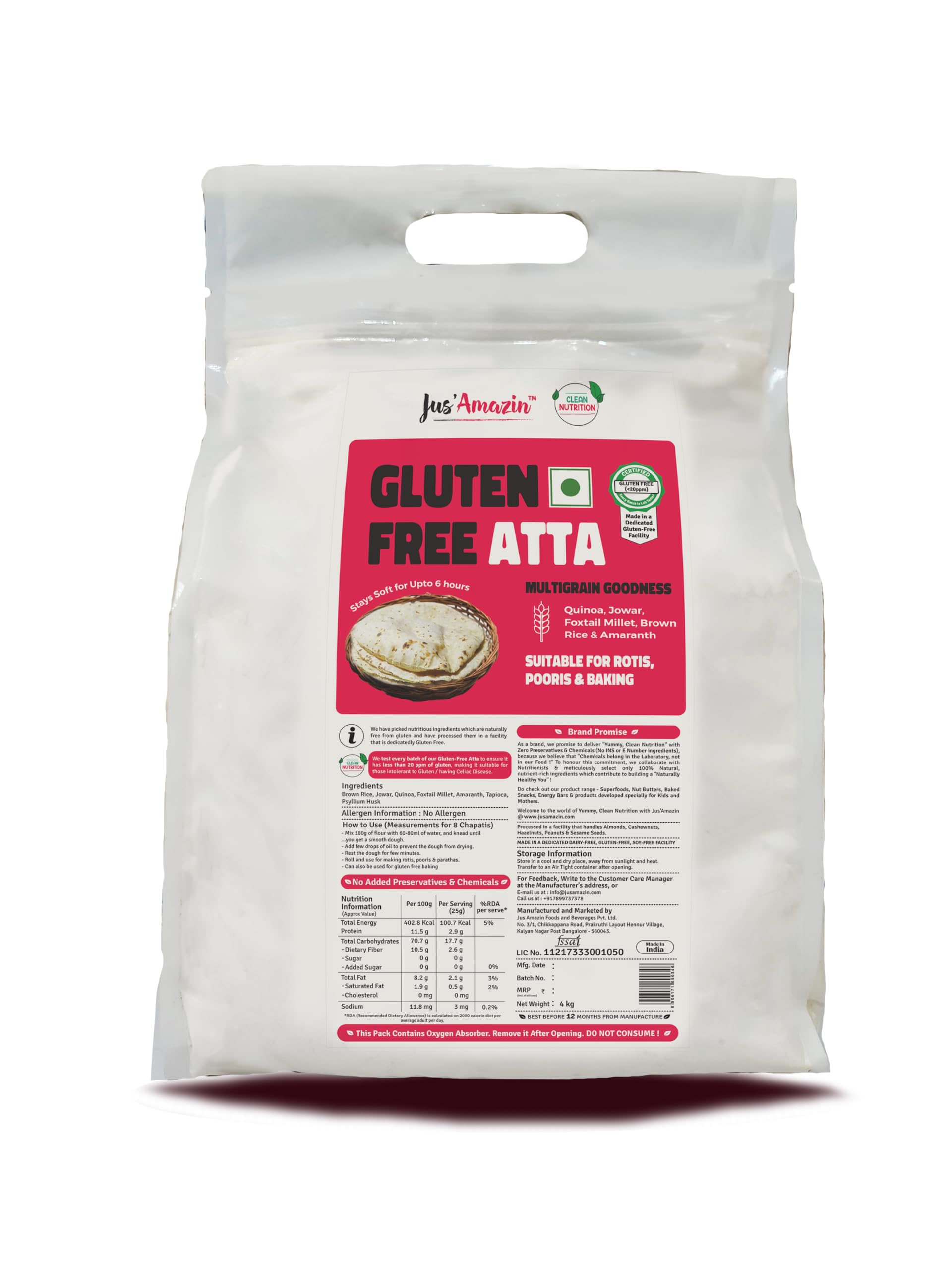 Jus' Amazin Certified Gluten Free Atta (4kg)